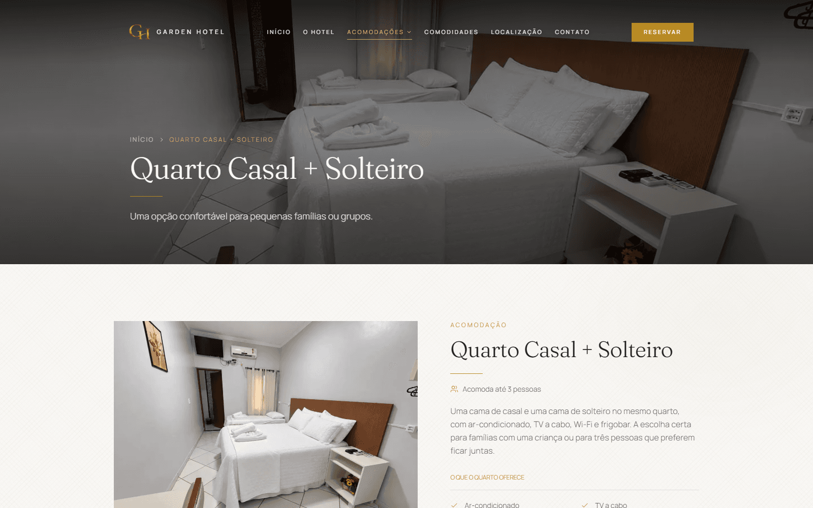 Página Quarto Casal + Solteiro do site Garden Hotel Cristalândia